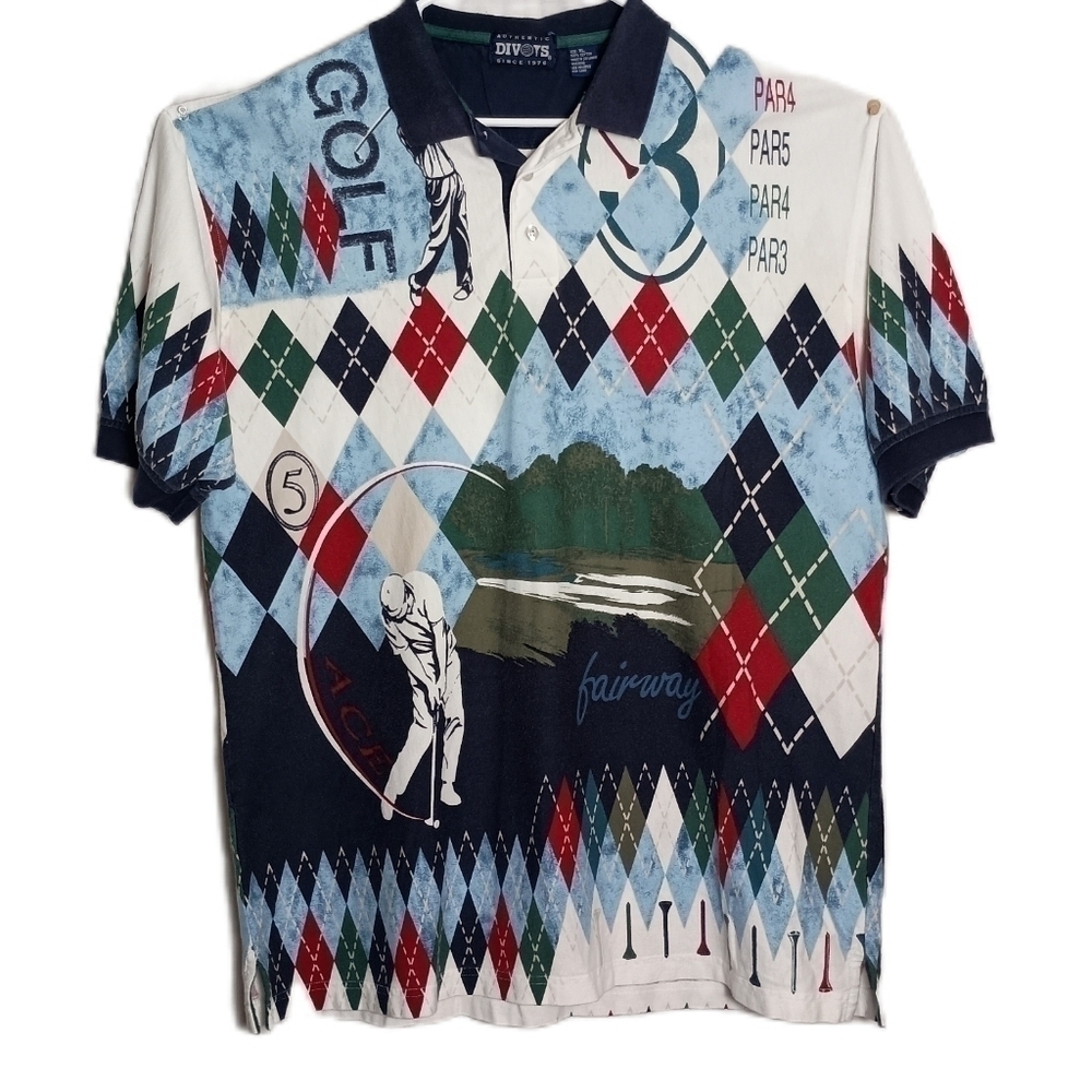 Divots Golf Theme Men's Short Sleeve Polo Shirt Size XL